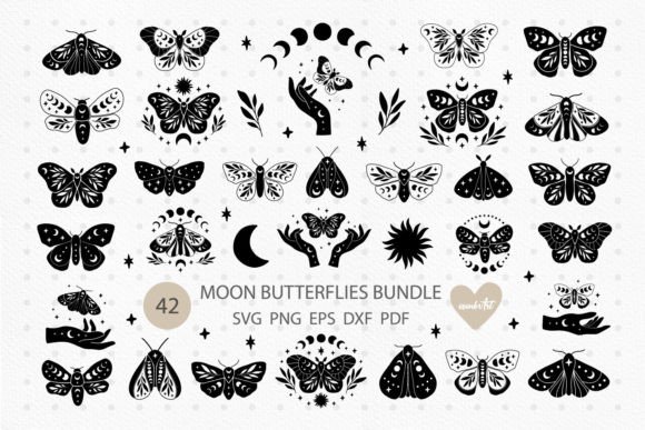 Butterfly Bundle SVG, Boho Moon Moths Graphics and Crafts