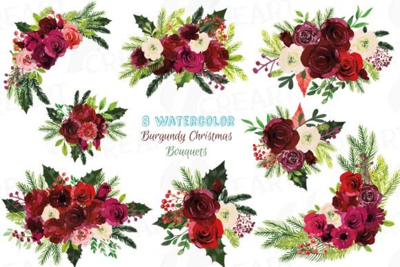Watercolor Burgundy Christmas Bouquets: Graphics and Print Templates Review